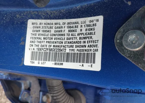 2016 Honda Civic Lx из США, поврежденный, VIN 19XFC2F58GE220472